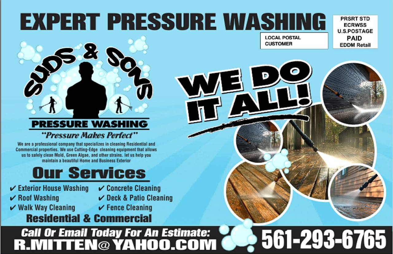 Suds & Sons Pressure Washing services flyer showing before and after results